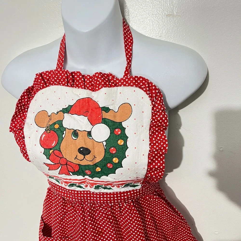 Country Christmas‎ Apron Women OS Red Heart Reindeer Ruffle Holiday Kitchen